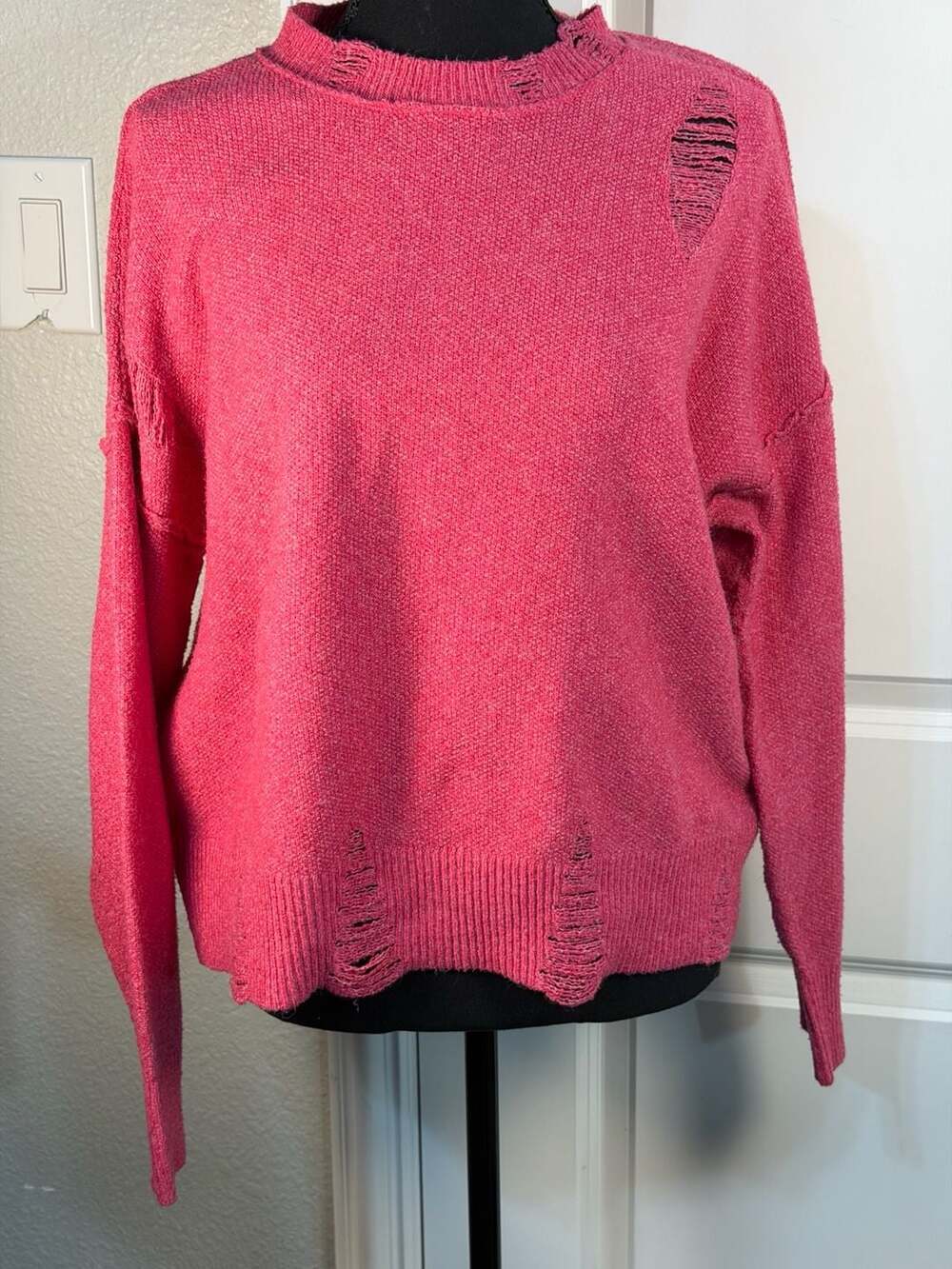 Frayed Jeans Women's Distressed Pink Knit Sweater Size XS